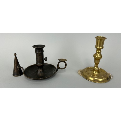 486 - TWO CANDLESTICKS ONE BRASS WITH LABEL 'DUTCH CIRCA 1700', 

Brass: 13cm H