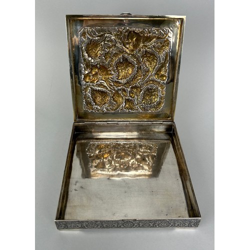 154 - AN ANTIQUE PERSIAN SILVER BOX HAND CHASED REPOUSSE WITH FLOWERS AND BIRDS OF PARADISE, 

Hallmarked ... 