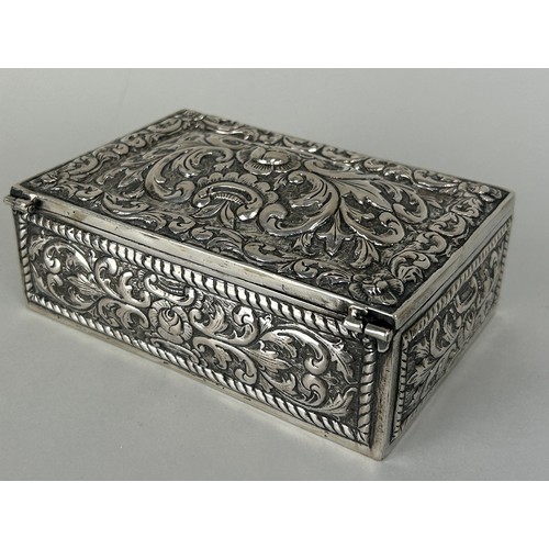 155 - A FOREIGN 800 SOLID SILVER BOX, 

Repousse design with flowers,

Weight 481gms 

15cm x 10cm x 5cm