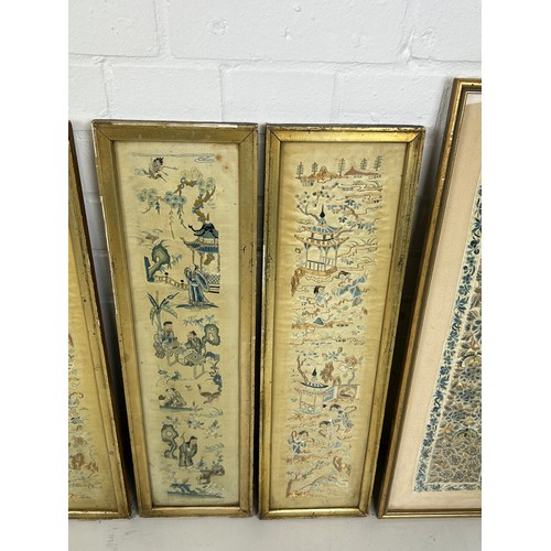 81 - A SET OF FOUR CHINESE QING DYNASTY SILK PANELS ALONG WITH ANOTHER SIMILAR (5) 

Framed and glazed. 
... 