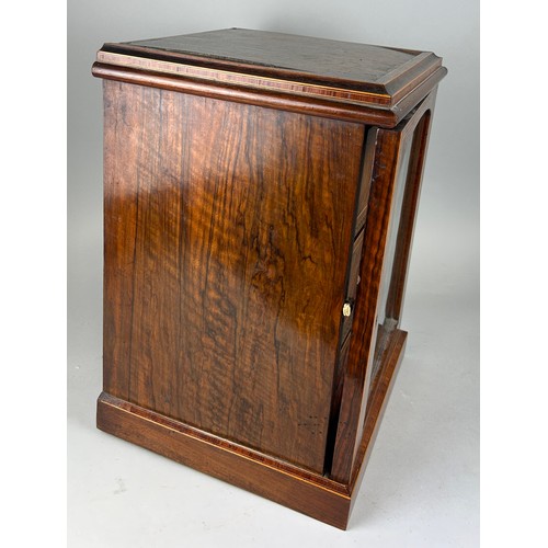 458A - A 19TH CENTURY ROSEWOOD TABLE TOP CABINET WITH GLAZED FRONT AND THREE DRAWERS WITH CAMPAIGN HANDLES