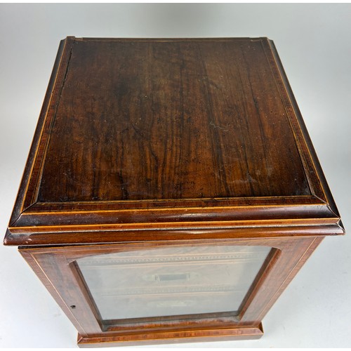 458A - A 19TH CENTURY ROSEWOOD TABLE TOP CABINET WITH GLAZED FRONT AND THREE DRAWERS WITH CAMPAIGN HANDLES