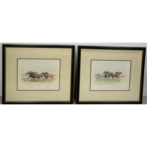 379 - EUGENE PECHAUBES (FRENCH 1890-1967): A PAIR OF HAND COLOURED ENGRAVINGS DEPICTING HORSE RACES, 

Eac... 