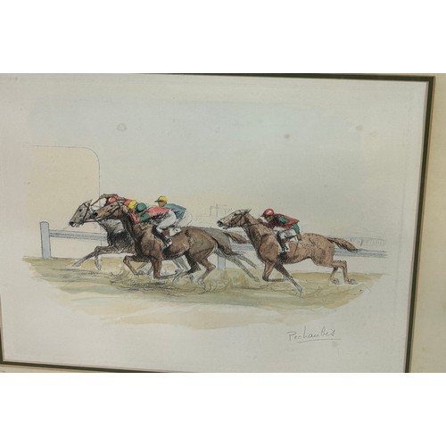 379 - EUGENE PECHAUBES (FRENCH 1890-1967): A PAIR OF HAND COLOURED ENGRAVINGS DEPICTING HORSE RACES, 

Eac... 