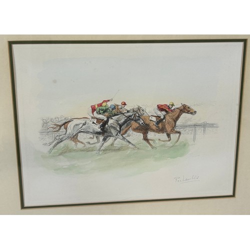 379 - EUGENE PECHAUBES (FRENCH 1890-1967): A PAIR OF HAND COLOURED ENGRAVINGS DEPICTING HORSE RACES, 

Eac... 