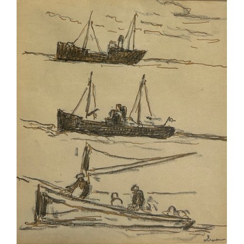 206 - MAXIMILIEN LUCE (FRENCH 1858-1941): AN INK AND WAX PENCIL ON PAPER TITLED 'BATEAU DE PECHE', 

19.3c... 