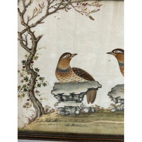 103 - A 19TH CENTURY CHINESE RICE PAPER PAINTING DEPICTING TWO BIRDS PERCHED ON ROCKS WITH FLOWERS AND A T... 