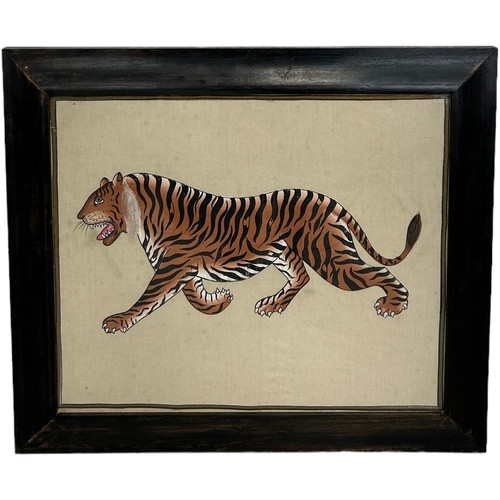 347 - AN INDIAN PAINTING ON SILK DEPICTING A BENGAL TIGER CIRCA 1970'S, 

In the manner of Spanish designe... 