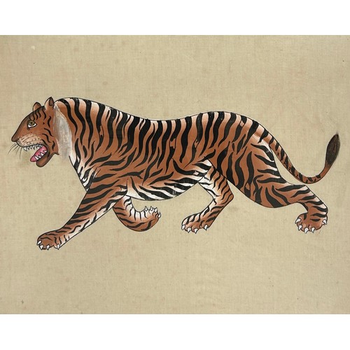 347 - AN INDIAN PAINTING ON SILK DEPICTING A BENGAL TIGER CIRCA 1970'S, 

In the manner of Spanish designe... 