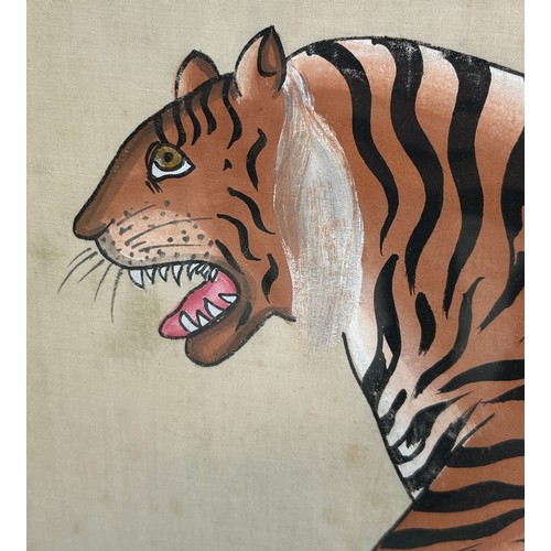 347 - AN INDIAN PAINTING ON SILK DEPICTING A BENGAL TIGER CIRCA 1970'S, 

In the manner of Spanish designe... 