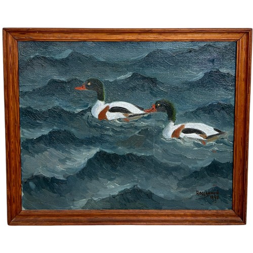 228 - CHRISTEN ROESGAARD (DANISH 20TH CENTURY): AN OIL ON CANVAS PAINTING DEPICTING TWO DUCKS, 

Signed an... 