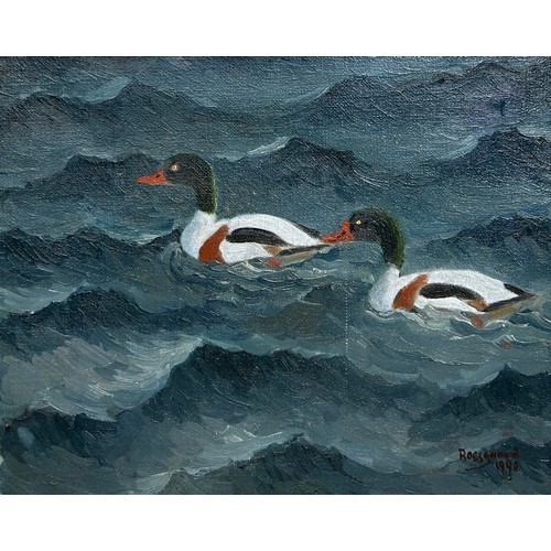 228 - CHRISTEN ROESGAARD (DANISH 20TH CENTURY): AN OIL ON CANVAS PAINTING DEPICTING TWO DUCKS, 

Signed an... 