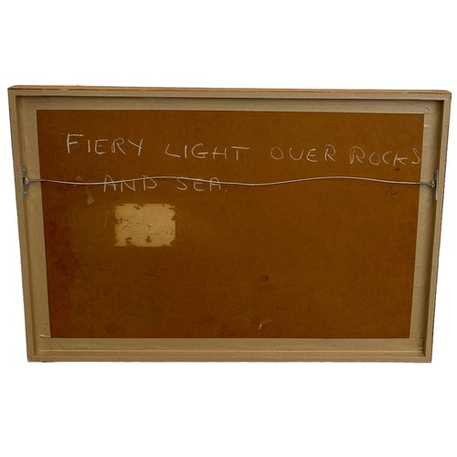 328 - BRITISH 20TH CENTURY SCHOOL: AN ABSTRACT WATERCOLOUR ON PAPER TITLED 'FIERY LIGHT OVER ROCKS AND SEA... 