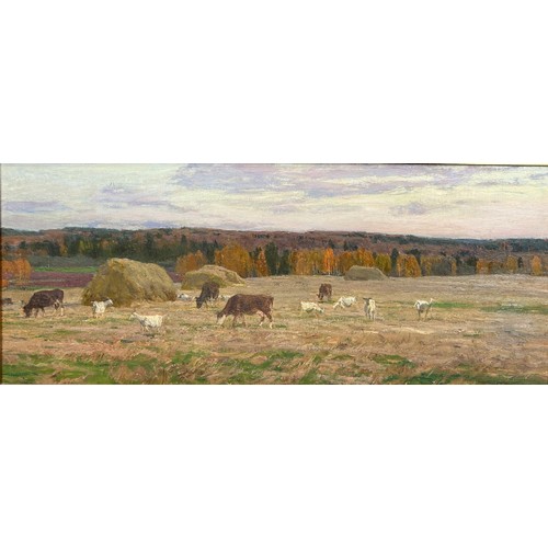 195 - ALEKSEI MIKHAILOVICH GRITSAI (1914-1998): AN OIL ON BOARD PAINTING DEPICTING CATTLE IN A FIELD WITH ... 