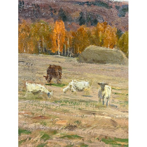 195 - ALEKSEI MIKHAILOVICH GRITSAI (1914-1998): AN OIL ON BOARD PAINTING DEPICTING CATTLE IN A FIELD WITH ... 