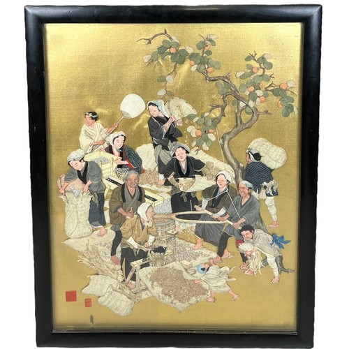 144 - A 19TH CENTURY JAPANESE MEIJI PERIOD SILK WORK AND EMBROIDERY PANEL DEPICTING AN AGRICULTURAL SCENE,... 