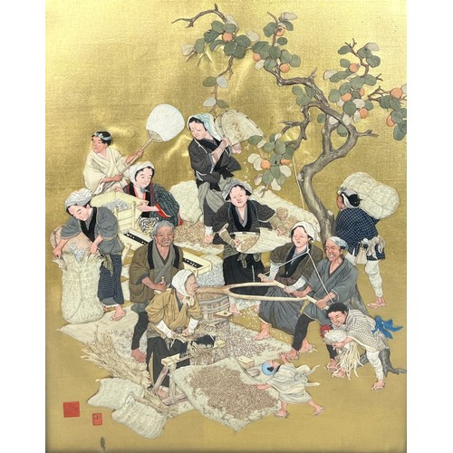 144 - A 19TH CENTURY JAPANESE MEIJI PERIOD SILK WORK AND EMBROIDERY PANEL DEPICTING AN AGRICULTURAL SCENE,... 