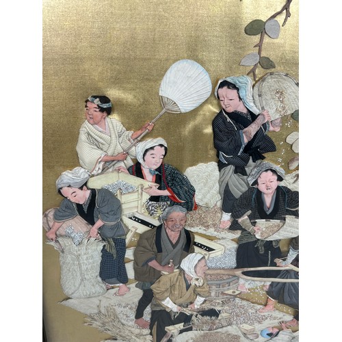 144 - A 19TH CENTURY JAPANESE MEIJI PERIOD SILK WORK AND EMBROIDERY PANEL DEPICTING AN AGRICULTURAL SCENE,... 