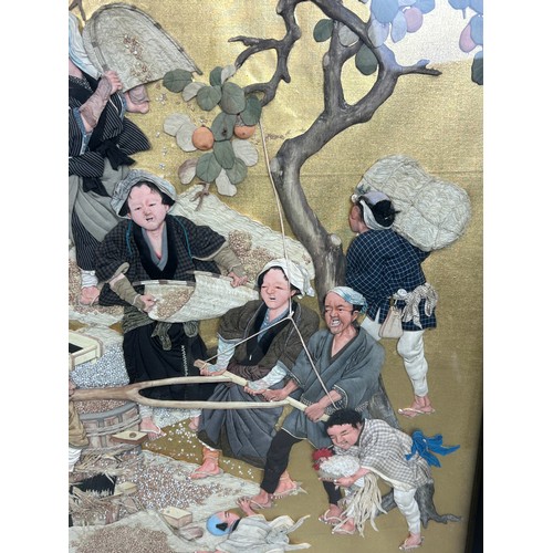 144 - A 19TH CENTURY JAPANESE MEIJI PERIOD SILK WORK AND EMBROIDERY PANEL DEPICTING AN AGRICULTURAL SCENE,... 