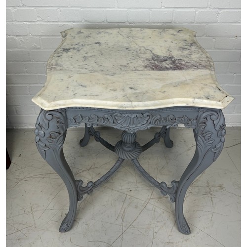 513 - A GREY PAINTED FRENCH OCCASIONAL TABLE WITH WHITE VARIEGATED MARBLE TOP, 

70cm x 60cm x 60cm