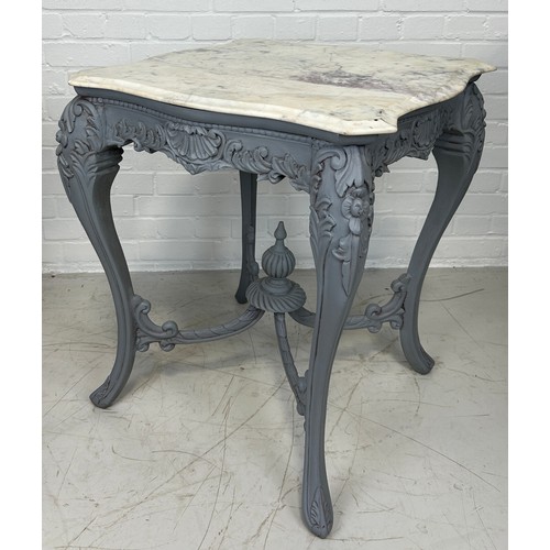 513 - A GREY PAINTED FRENCH OCCASIONAL TABLE WITH WHITE VARIEGATED MARBLE TOP, 

70cm x 60cm x 60cm