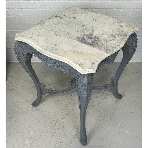 513 - A GREY PAINTED FRENCH OCCASIONAL TABLE WITH WHITE VARIEGATED MARBLE TOP, 

70cm x 60cm x 60cm