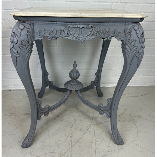 513 - A GREY PAINTED FRENCH OCCASIONAL TABLE WITH WHITE VARIEGATED MARBLE TOP, 

70cm x 60cm x 60cm