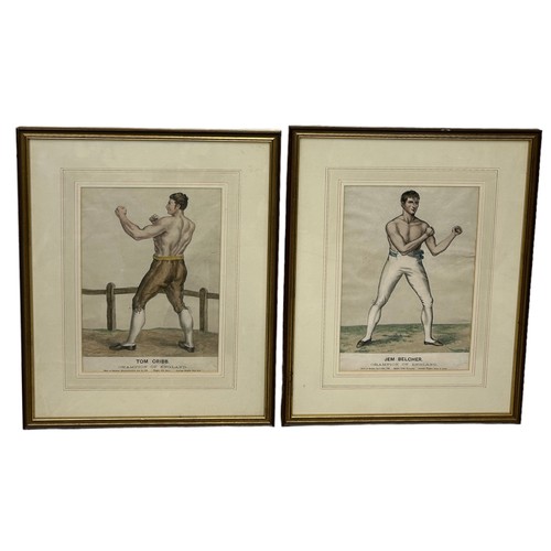 375 - BOXING / PUGILIST INTEREST: TWO HAND COLOURED PRINTS DEPICTING BOXERS JIM BELCHER AND TOM CRIBB (2),... 