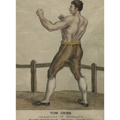 375 - BOXING / PUGILIST INTEREST: TWO HAND COLOURED PRINTS DEPICTING BOXERS JIM BELCHER AND TOM CRIBB (2),... 