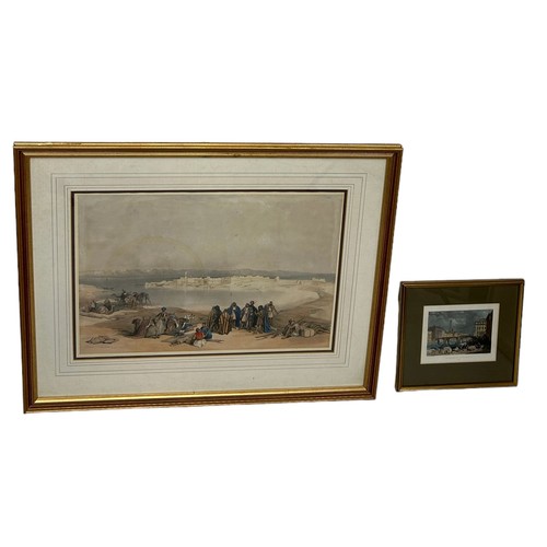 382 - AFTER DAVID ROBERTS RA (1796-1864): A HAND COLOURED ENGRAVING TITLED 'SUEZ 1869', 

49cm x 32cm 

Mo... 