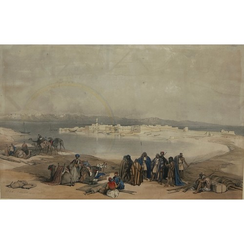 382 - AFTER DAVID ROBERTS RA (1796-1864): A HAND COLOURED ENGRAVING TITLED 'SUEZ 1869', 

49cm x 32cm 

Mo... 