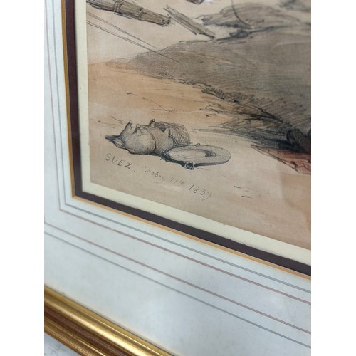 382 - AFTER DAVID ROBERTS RA (1796-1864): A HAND COLOURED ENGRAVING TITLED 'SUEZ 1869', 

49cm x 32cm 

Mo... 