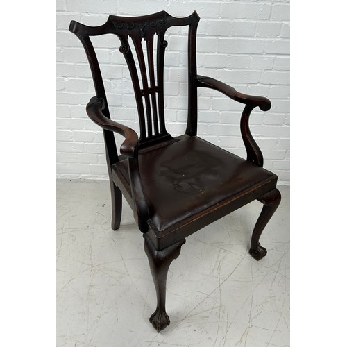 496 - A CHIPPENDALE DESIGN DESK CHAIR WITH BROWN LEATHER SEAT AND CLAW AND BALL FEET, 

96cm x 60cm x 46cm