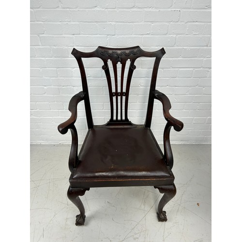 496 - A CHIPPENDALE DESIGN DESK CHAIR WITH BROWN LEATHER SEAT AND CLAW AND BALL FEET, 

96cm x 60cm x 46cm