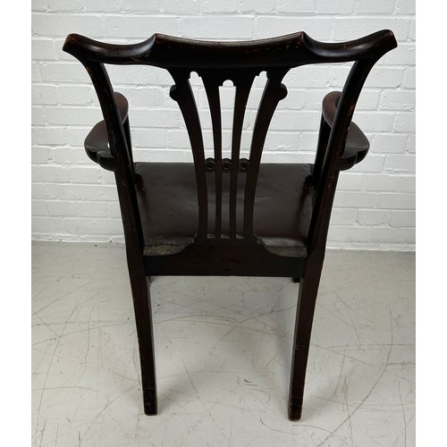 496 - A CHIPPENDALE DESIGN DESK CHAIR WITH BROWN LEATHER SEAT AND CLAW AND BALL FEET, 

96cm x 60cm x 46cm