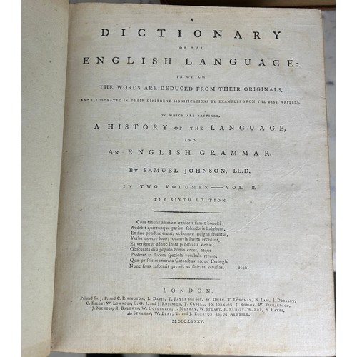 377A - SAMUEL JOHNSON: ENGLISH DICTIONARY 1785 SIXTH EDITION LEATHER BOUND IN TWO VOLUMES (2),