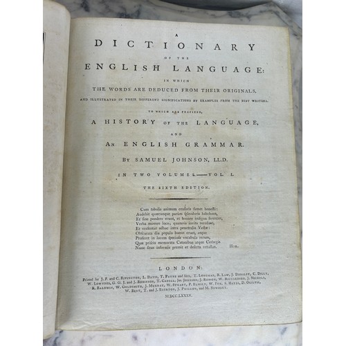 377A - SAMUEL JOHNSON: ENGLISH DICTIONARY 1785 SIXTH EDITION LEATHER BOUND IN TWO VOLUMES (2),