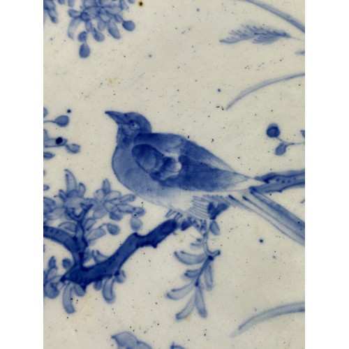 112 - A LARGE JAPANESE BLUE AND WHITE PLATE DECORATED WITH BIRDS AND FOLIAGE, 

42cm D