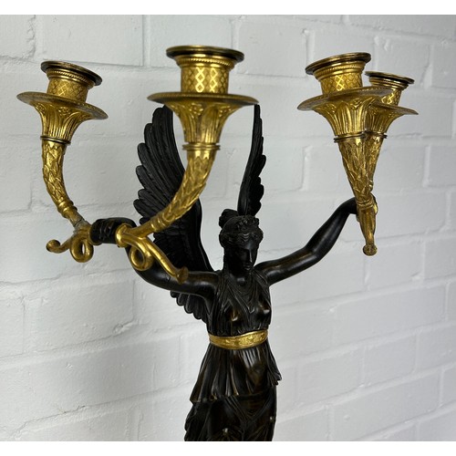 441 - A PAIR OF FRENCH EMPIRE DESIGN EARLY 20TH CENTURY GILT AND BRONZE FOUR-LIGHT CANDELABRA IN THE MANNE... 