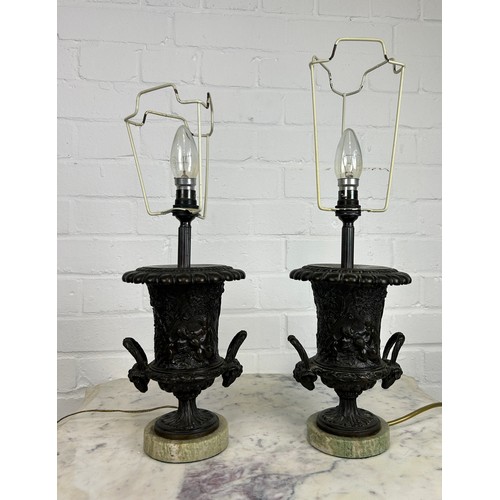 481 - A PAIR OF BRONZE CLASSICAL DESIGN URN TABLE LAMPS, 

32cm H each.