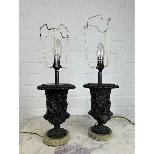 481 - A PAIR OF BRONZE CLASSICAL DESIGN URN TABLE LAMPS, 

32cm H each.