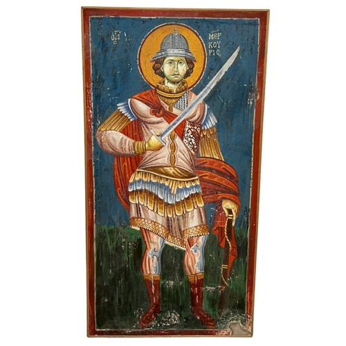 291 - A GREEK OR RUSSIAN RELIGIOUS TEMPERA PICTURE OF A SAINT INSCRIBED 'SAINT MERKOURIOUS',

75cm x 39cm