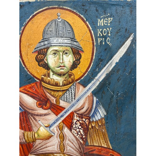 291 - A GREEK OR RUSSIAN RELIGIOUS TEMPERA PICTURE OF A SAINT INSCRIBED 'SAINT MERKOURIOUS',

75cm x 39cm