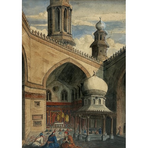 303 - A 19TH CENTURY ARABIAN WATERCOLOUR PAINTING ON PAPER DEPICTING FIGURES PRAYING OUTSIDE THE MOSQUE OF... 