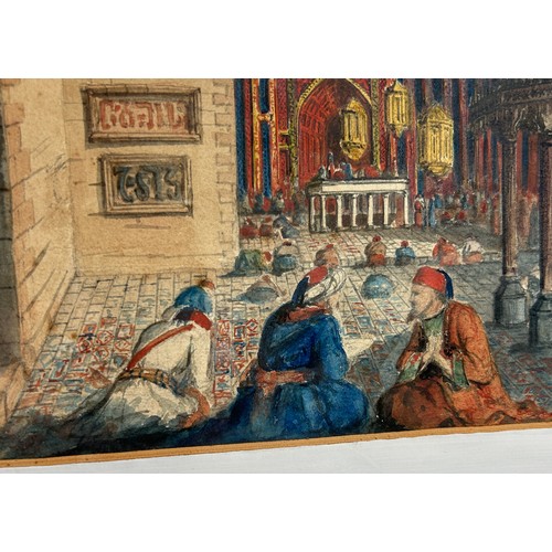 303 - A 19TH CENTURY ARABIAN WATERCOLOUR PAINTING ON PAPER DEPICTING FIGURES PRAYING OUTSIDE THE MOSQUE OF... 