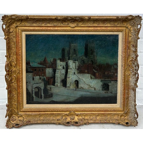 253 - AN OIL ON CANVAS PAINTING DEPICTING A CATHEDRAL IN MOONLIGHT,

Signed indistinctly. 
 
44cm x 34cm 
... 