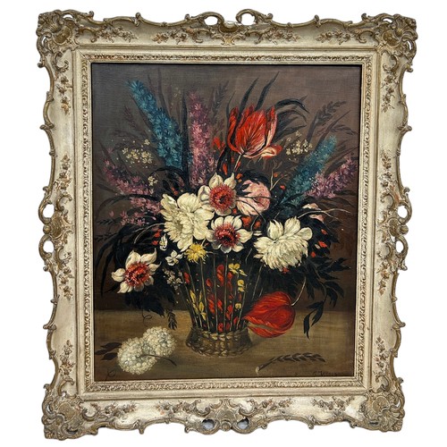 251 - A 19TH CENTURY OIL ON CANVAS PAINTING IN THE DUTCH MANNER DEPICTING A BASKET OF FLOWERS, 

Signed 'P... 