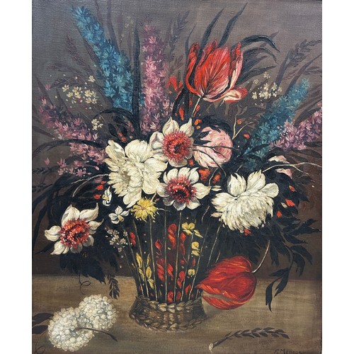 251 - A 19TH CENTURY OIL ON CANVAS PAINTING IN THE DUTCH MANNER DEPICTING A BASKET OF FLOWERS, 

Signed 'P... 