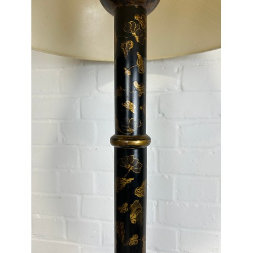 479 - A BLACK LACQUERED CHINOISERIE STANDARD LAMP BY OKA, 

145cm H 

With shade.