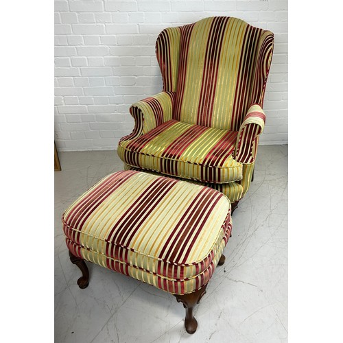 495 - A CONTEMPORARY ARMCHAIR AND FOOTSTOOL UPHOLSTERED IN PIN KAND YELLOW STRIPED FABRIC (2) 

Chair 105c... 